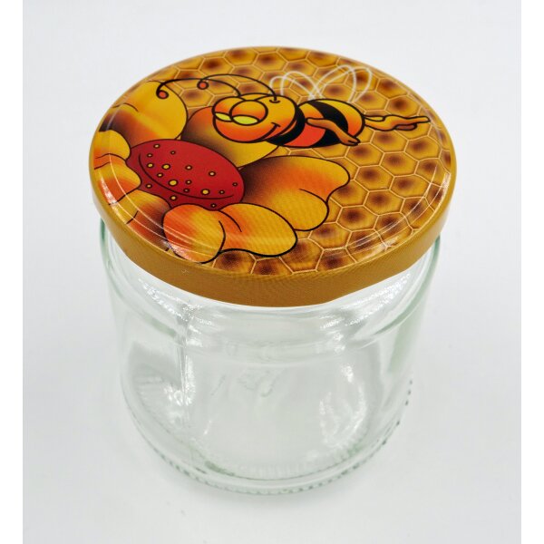 Rundglas mit Twist Off Deckel Blume Biene Wabe  für 250g Honigglas